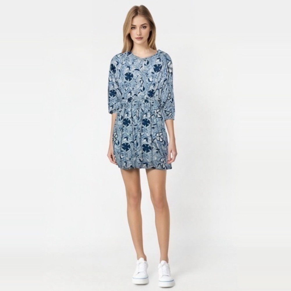 Beau & Ro The Franklin 3/4 Sleeve Cotton Poplin Midi Dress in Blue Floral XS
